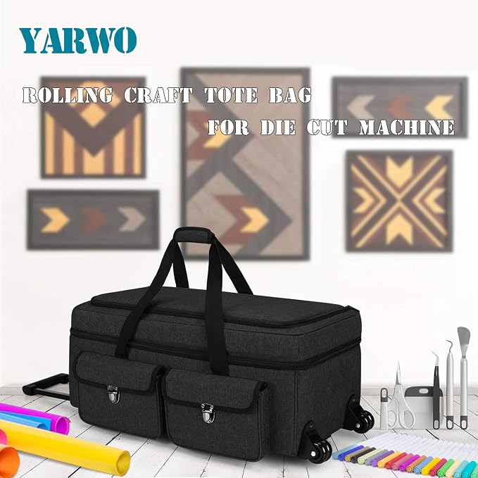 YARWO Rolling Craft Bag with Wheels Compatible for Cricut Explore 5/4/3, Maker 4/3, Cameo 5/4, Double Layers Die-cutting Machine Case with Multi Pockets for Craft Tool, Accessories and Supplies, Black