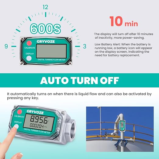 3/4 Inch Digital Turbine Water Fuel Flow Meter with 3/4 Inch NPT Male, 0.8-13.2 GPM Inline NPT Thread ±1% Accuracy Flowmeter for Diesel, Gas Oil, Gasoline, and Other Liquids