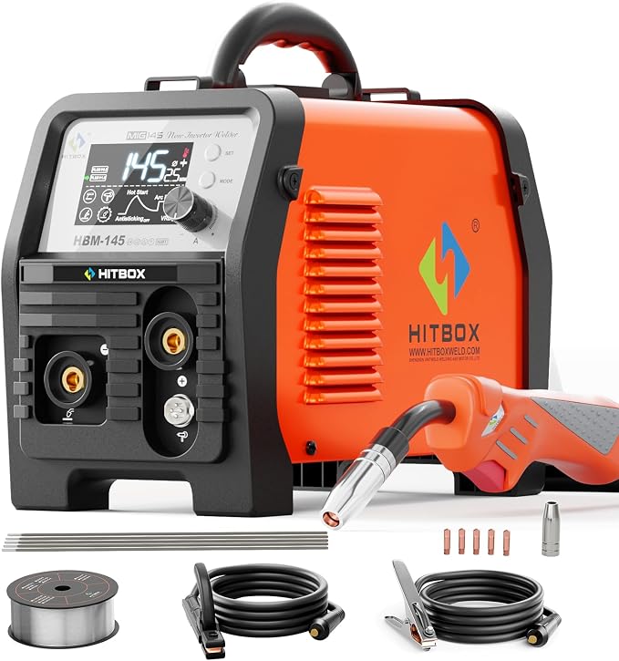 HITBOX Synergy MIG Welder 110V/220V 145A Flux Core Welder 4 IN 1 Gasless MIG/Lift TIG/Stick/Support Spool Gun Portable Welding Machine with Large Colorful Digital Display