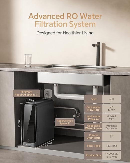 Vancepic QR600 Under Sink Osmosis Water Filter System, 600GPD RO Water Purifier with Faucet, Touch Control, 2:1 Pure to Drain Ratio, Fast Flow Rate 0.42 GPM for Kitchen, Includes Leak Detection