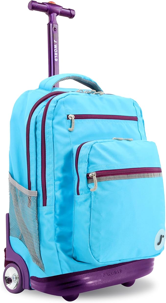 J World Sundance Laptop Rolling Backpack for Girls Boys. Roller Bookbag with Wheels, 20 Inch, Sky Blue