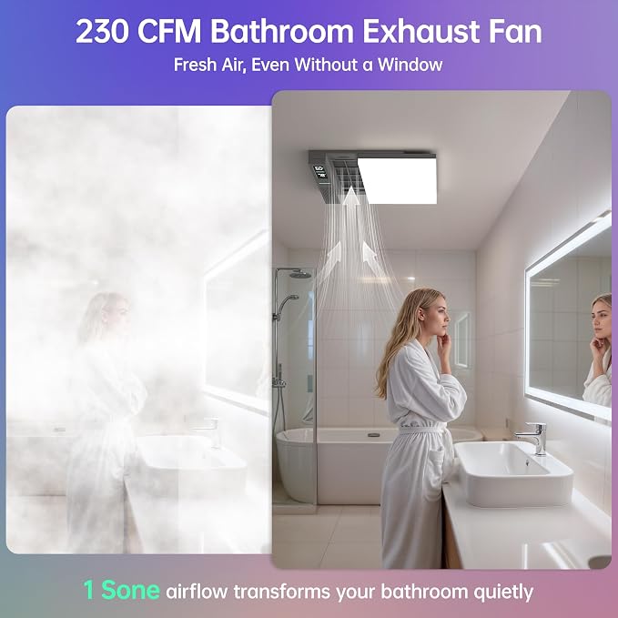 VallisCo Bathroom Exhaust Fan with Light, Bluetooth Speaker, Odor & Humidity Sensors, 230 CFM Quiet Ceiling Fan with 3 Dynamic RGB Lighting, 3CCT - Remote App Control - Compatible with Alexa