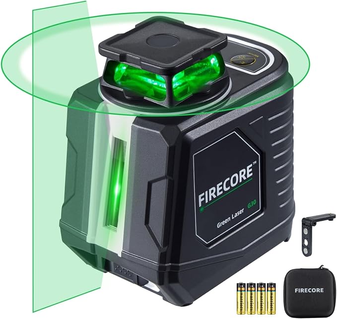 Firecore Laser Level 360 Self Leveling, 82 Ft Green 360° Cross Line Laser, 3 Brightness Adjustment, Pulse Mode, Magnetic Bracket, Carrying Pouch, for Picture Hanging Shelves Cabinets Home DIY Project