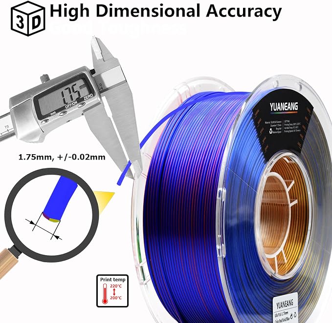 Triple-Color PLA Filament 1.75mm Red-Gold-Blue, ±0.03mm Precision, 1kg Spool (2.2 lbs), Smooth Multi-Tone Gradient PLA, Neatly Wound & Compatible with Most 3D Printers
