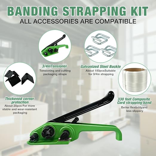 Banding Strapping Kit with 3/4" x 330 ft Composite Cord Band 100 Galvanized Wire Buckles 50 Edge Protectors Tensioner Tool Glove for Pallet Box Packaging