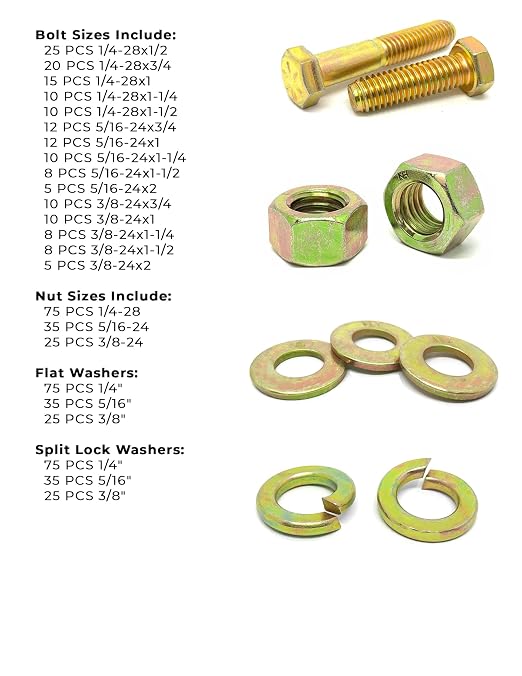 Fine Thread Grade 8 Hex Cap Bolts, Finished Hex Nuts, Washers, Lock Washers Metal Assortment Kit Containing 570+ Pieces!