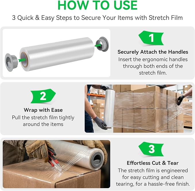 18in Stretch Wrap Roll, Heavy Duty 1500ft Shrink Wrap, 4 Pack with Handle | 80 Gauge, Industrial Strength, Clear Stretch Film, Self-Adhesive, Plastic Wrap for Pallet Wrapping Shipping Moving Furniture