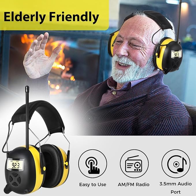BJKing Upgraded 5.4 Bluetooth Hearing Protection AM/FM Radio Headphones, 30dB SNR Safety Earmuffs, Ear Protection for Mowing, Workshops, and Snowblowing, Yellow