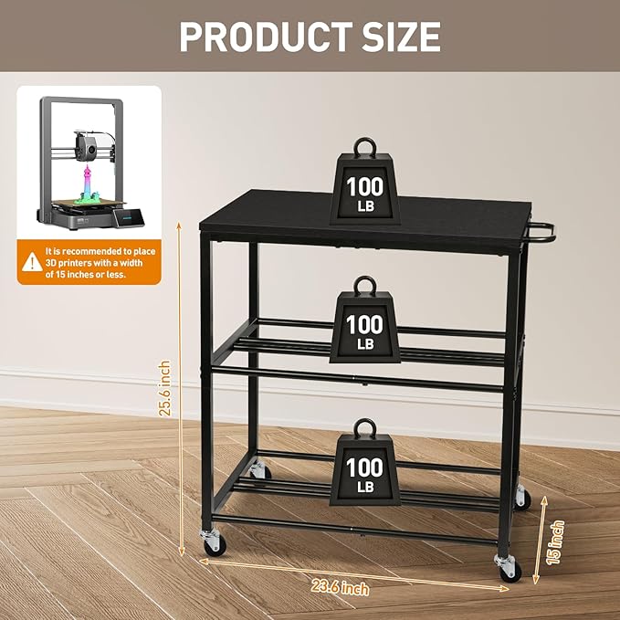 3D Printer Table with Filament Storage-Small 3D Printer Stand for consumables Storage – Space-Saving Cart for 3D Printing Workshop, Studio, Office.Brown. (Black)