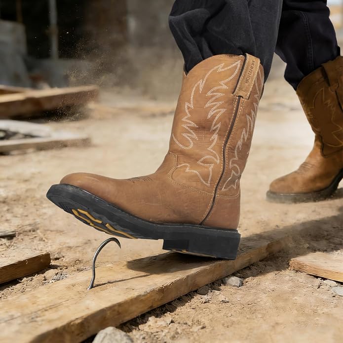 Men's Cowboy Work Boots, Square Steel Toe EVA Mid-Sole with GoodyearWelt Leather Anti Slip Western Men's Brown Boots for Manufacturing, Construction, Farming, Size 7-14
