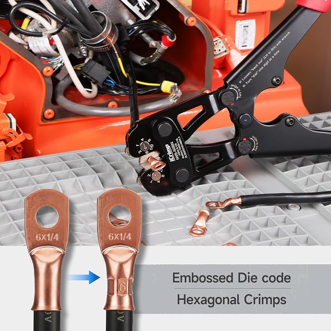 iCrimp Battery Cable Lug Crimping Tool Kit for 8-1/0 AWG - 63pcs Copper Lugs & 25pcs Heat Shrink Tubes, Wire Cutter & Stripper