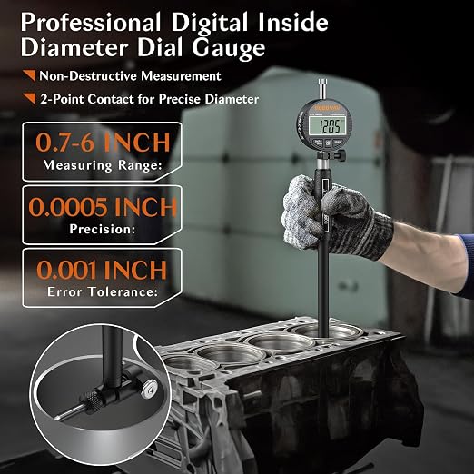 Digital Dial Bore Gauge Set - 0.7-6 Inch Range, 0.0005" Precision, No Disassembly for Measurement, 23pcs Anvils, Self-Centering for Industrial Manufacturing and Deep Cylinder Measurement