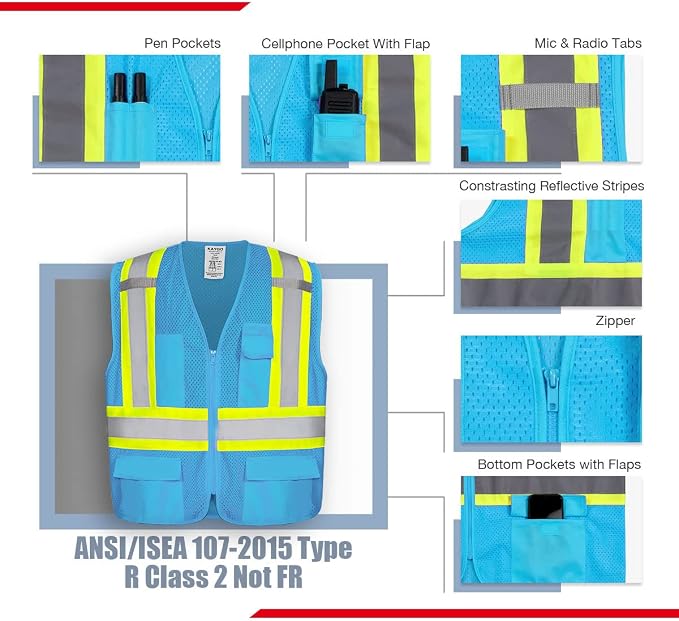 KAYGO High Visibility Reflective Vest with Pockets KG0100(M,Blue) and 12 Pairs Red Winter Thermal Insulated Safety Work Gloves PU Coated(M, Blue), Ideal for Freezer Work