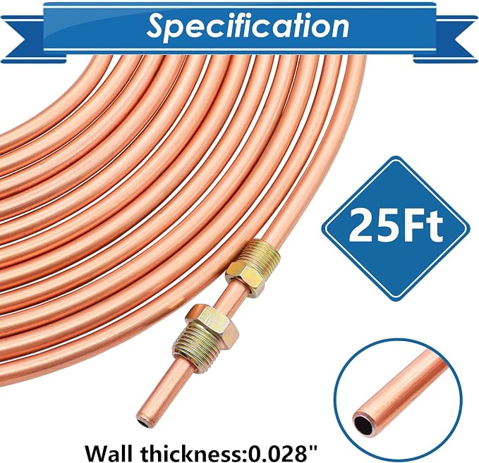 3/16inch x 25 ft Brake Line Tubing Kit Flexible Copper Coated Alloy Brake Line Tubing Coil with 18 Inverted Flare Fittings and 1 Unions SAE Standard