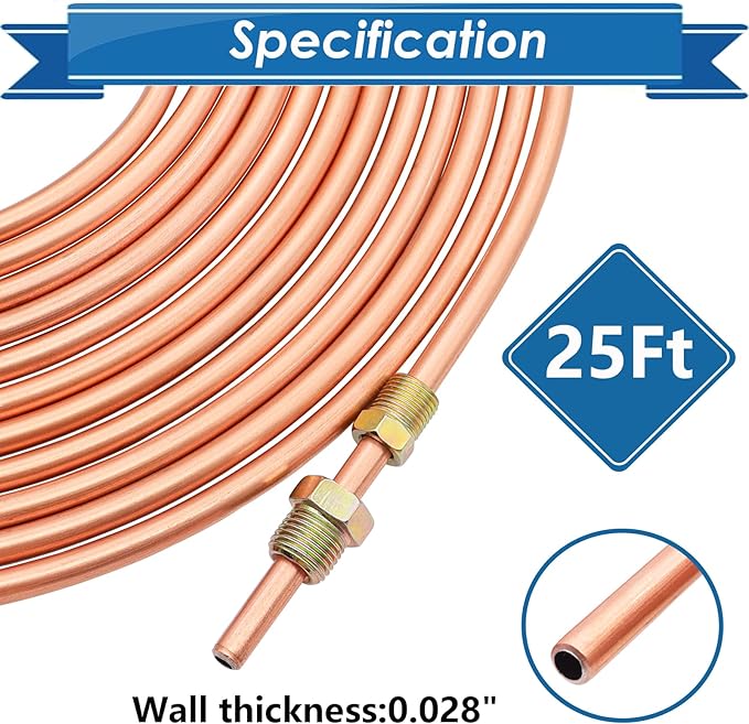 1/4Inch x 25 ft Brake Line Tubing Kit Flexible Copper Coated Alloy Brake Line Tubing Coil with 16 Inverted Flare Fittings SAE Standard
