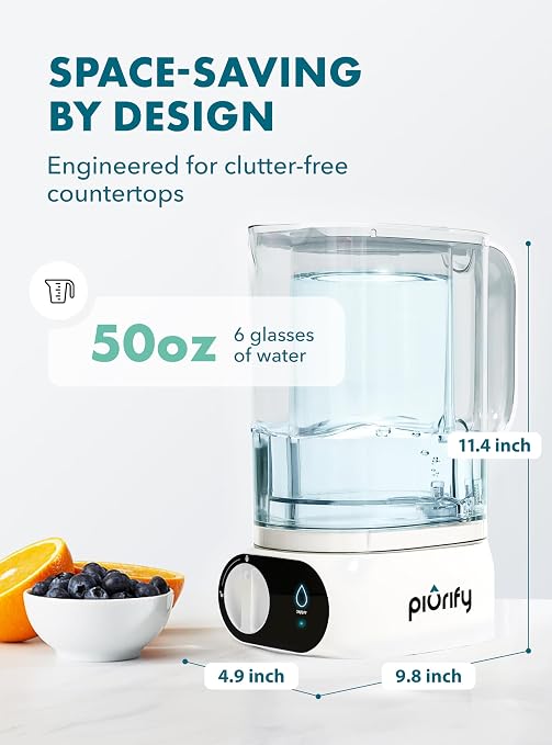 Piurify Compact 50 OZ Countertop Electric Water Filter Pitcher + 6-Month Filter | Removes 99% of Lead, Microplastics, PFAS & Chlorine | Carbon Block & UltraFiltration Technology | NSF Verified