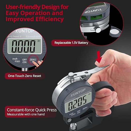 XUNTOP Professional Dimensional Measurement Kit: Digital Thickness Gauge & Dial Digital Indicator with Magnetic Base, LCD Display, 0.0005inch Accuracy, Unit Conversion for Metal Plastic Leather