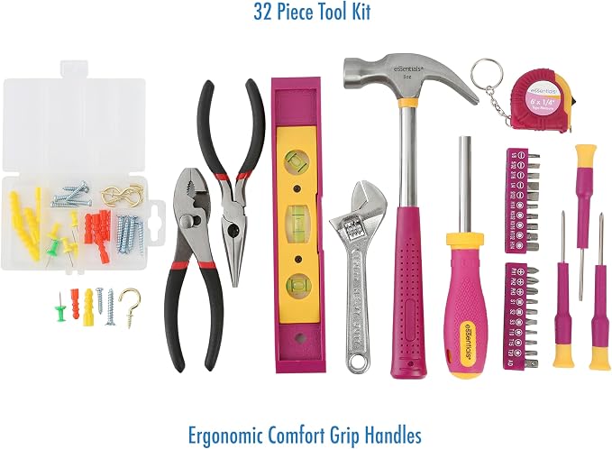 Pink Tool Set 32 Piece, Mini Tool Kit, Home Repair Tool Set with Hammer, Pliers, Adjustable Wrench, Screwdrivers, Tape Measure, Level, and Bits, Dorm Room Essentials for Girls