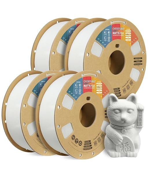 OVERTURE 4KG Bundle Matte PLA, Low Warp & Matte Surface 3D Printer Filament | Frosted Matt Finish Hides Layer Lines, 4 Pack 1kg Spool (2.2lbs) Cardboard Spool, Fit Most FDM Printer (Matte White*4)