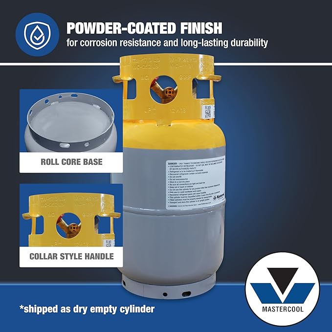 Mastercool 62010 30 lb Refrigerant Recovery Cylinder, DOT-Approved, 1/4" FL-M Connections, HP295 Steel, Yellow/Gray (No Refrigerant Included)