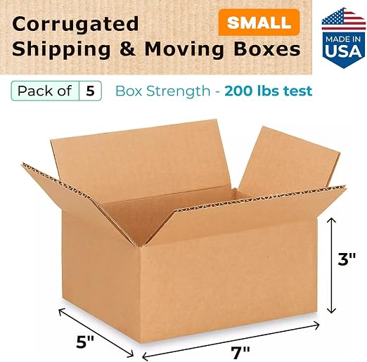 Small Moving & Shipping Boxes 7 x 5 x 3 inches (5-Pack) - Extra Strength 200 lb vs Regular - USA-Made Corrugated Moving Boxes for USPS/FEDEX - Easy-to-Recycle Shipping Box by IDL Packaging