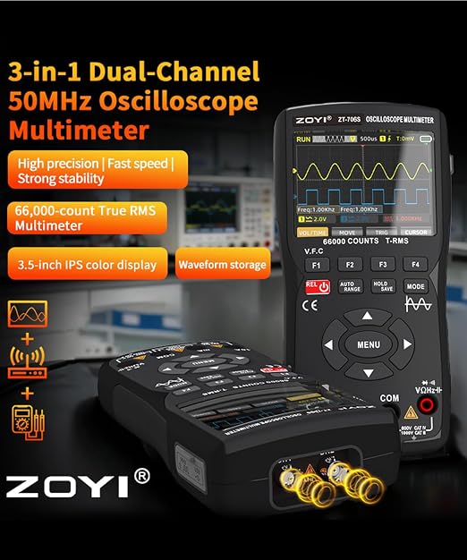 ZT-706S 3-in-1 Oscilloscope Multimeter Signal Generator, Dual-Channel 50MHz Bandwidth, 280MSa/s Infinite Persistence, 66000 Counts True RMS, 10MHz Bandwidth Signal Output, Data Hold and V.F.C