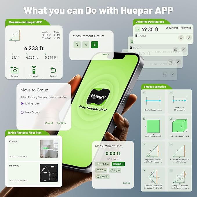 Huepar 395FT Bluetooth Green Laser Measuring Tool with 60" Tripod, 1/16in Accuracy Laser Distance Measurement Tool, Digital Laser Room Measuring Device, Laser Distance Meters