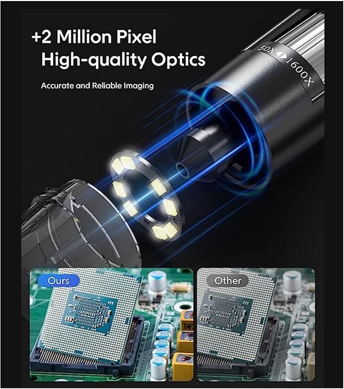 USB Digital Microscope, 50x-1600x Magnification Handheld, 1920P HD 8 LED Lights, Portable Pocket Microscope, Compatible with iOS and Android Devices, +2MP Magnifier Camera, No PC Support