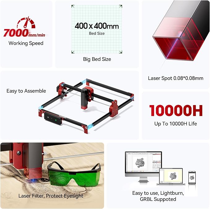 Laser Engraving Machine, Woxcker S2 5W Laser Engraving Machine, 300mm*300mm Bed Size 0.05mm Laser Spot for DIY, Wood, Metal, Acrylic, Leather, Beginner-Friendly(Class 1 Output Wattage: 5000 mW)