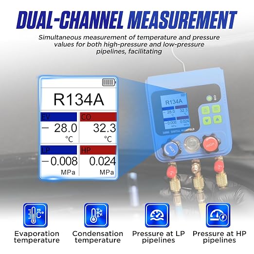 PLAYOCCAR HVAC Gauges 92 Refrigerant Digital Manifold Gauge Kits with TFT LCD, Dual Pressure Test for R134A R32 R410A R11 R12 R422 R600 Refrigerant Charging Kit Vacuum Air Conditioning Gauge
