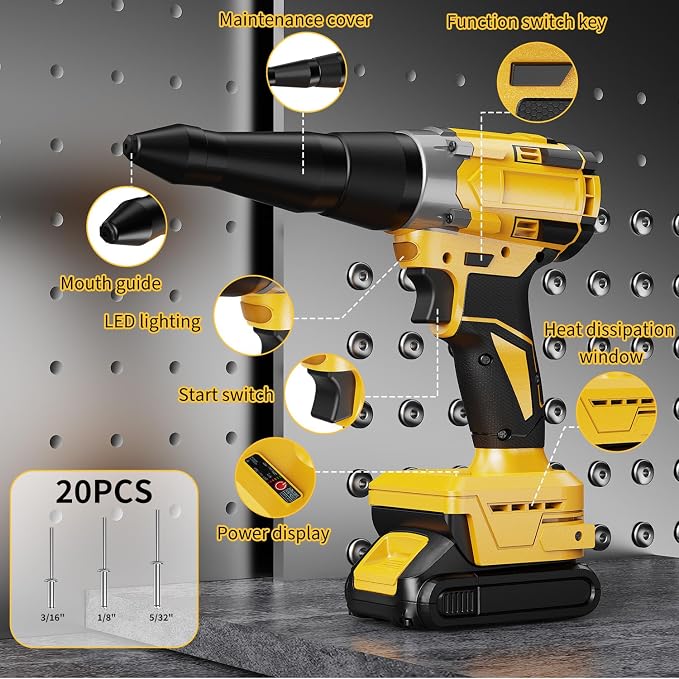 Electric Rivet Gun Compatible with Dewalt 20V Battery,Cordless Rivet Tool With 3 Size (1/8", 5/32", 3/16"),Brushless Pop Rivet Gun Kit (No Battery) for Autorepair DIY