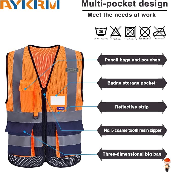 A-SAFETY Hi-Vis Mesh Vest, Reflective Strips, Front Zipper, Orange/Navy, M | Orange/Navy M mesh safety vest with transparent ID pocket, radio mic loop and reflective strips for warehouse logistics.