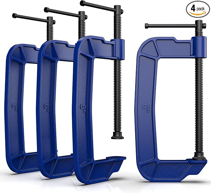 6 inch C Clamps 4-Pack, 3-3/8"(86mm) Large Deep Throat, Ductile Iron C-Clamp w/ 2310LB Clamping Force, Unique Ergonomic Design for Welding, Woodworking, Metal and DIY Projects