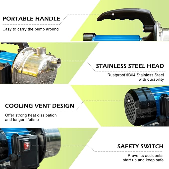 FLUENTPOWER Shallow Well/Deep Garden Pump, 1.5HP 1200GPH Portable Water Booster Jet Pump for Home, Garden, Lawn, Sprinkler Irrigation, Water Transfer, Stainless Steel