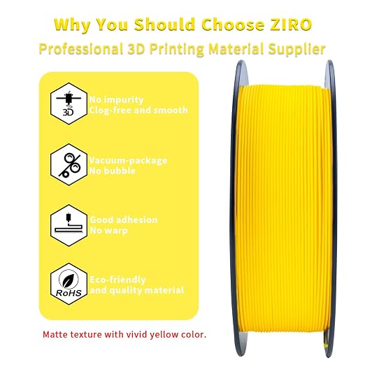 ZIRO Matte PLA Filament 1.75mm,1KG 3D Printer Filament,High Toughness PLA,Dimensional Accuracy +/- 0.03mm,Matte Yellow
