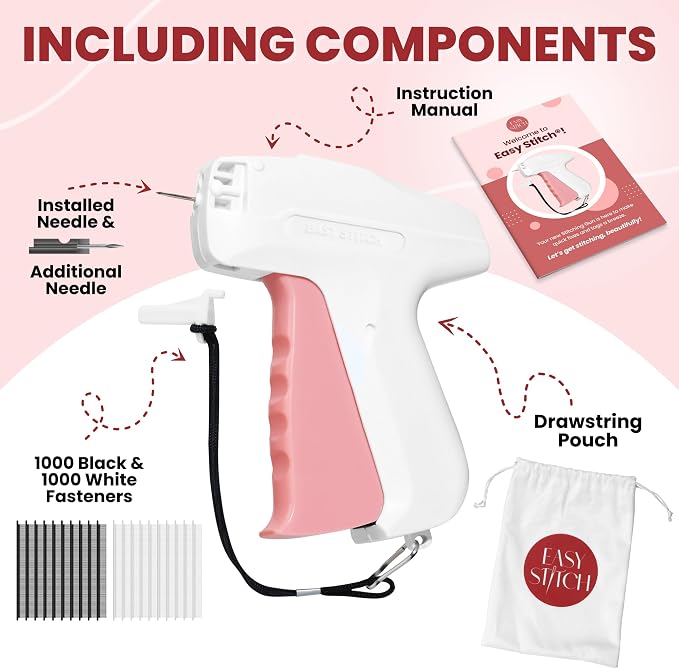 Stitch Gun For Quick Clothing Fixes, Tagging, Sewing and Quilting - Tagging Gun For Clothing Includes Instruction Manual, Drawstring Bag, 1000 Black & 1000 White Fasteners (5mm) - by Easy Stitch