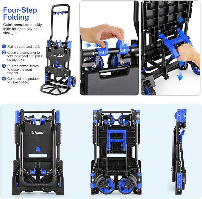 330LB Folding Hand Truck Moving Dolly, Hand Trucks Heavy Duty Combination of 4 Wheels and 2 Wheels Convertible Dolly Cart with Retractable Handle Dolly for Moving Office Carts(Blue)