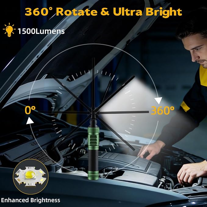 LNRYY Rechargeable Magnetic LED Work Light/Flashlight for Mechanics | All Aluminum, 1500 High Lumens, Digital Display, 360° Rotation, 7 Modes, for Car Repairing, Workshop, Gifts for Father