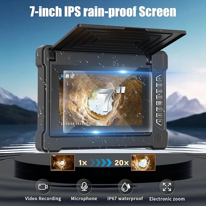 Sewer Camera 100FT/30M 7" IPS Screen Pipe Inspection Camera Borescopes Plumbing DVR & Audio Recorder 23mm with 32GB Card 12 LEDs HD 1000TVL Endoscope