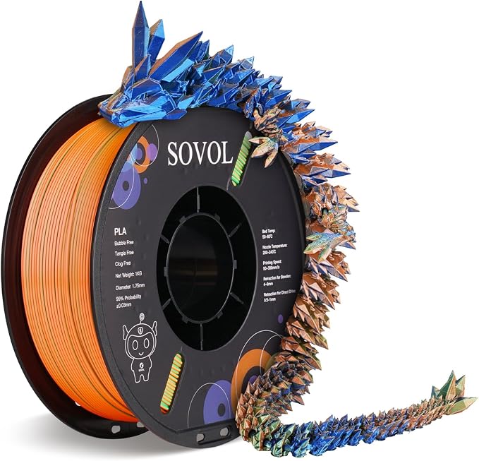 Sovol PLA Filament Silk Tri Color Co-Extrusion 1.75mm, 3D Printer Filament 1kg/ 2.2lbs, Shiny Silk Blue Green Orange 3 in 1 Coextrusion PLA Material +/-0.03mm
