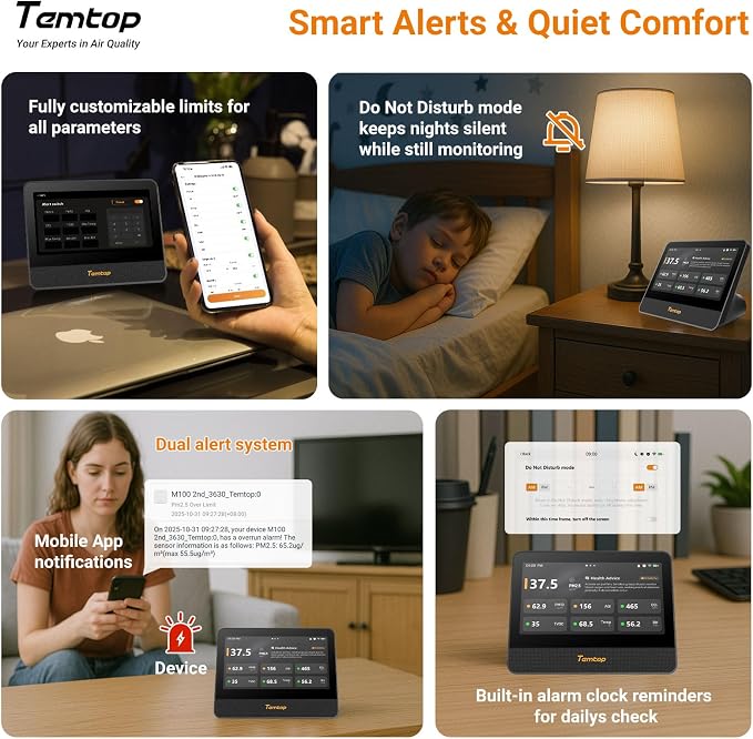 Temtop WiFi Air Quality Monitor M100 2nd Gen, 7 Inch Touchscreen CO2 Detector & Air Quality Tester for PM2.5 PM10 TVOC Temperature Humidity, Air Analyzer for Home Office with LoRa Extension