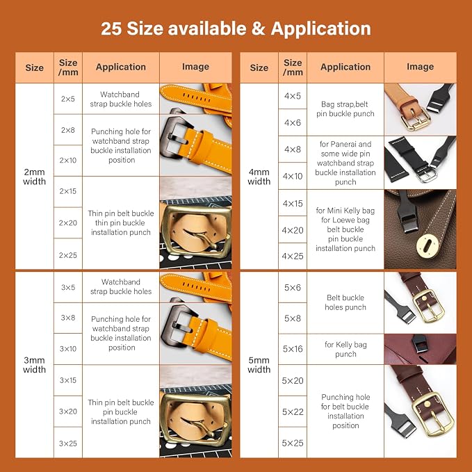 WUTA 6 Pcs Leather Belt Hole Puncher Oval Cutter Strap Watch Band Flat Punches Heavy Duty Oblong Tools for Leathercrafting (2 * 10+2 * 15+3 * 10+3 * 15+4 * 10+4 * 15)