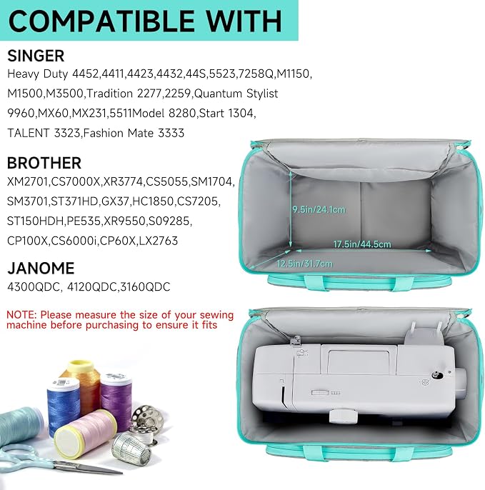 LEFOR·Z Rolling Sewing Machine Case with Wheels,Sewing Machine Carrying Bag,Trolley Tote Bag Fits for Most Standard Singer,Brother,Janome Sewing Machine and Accessories,Grey/Green