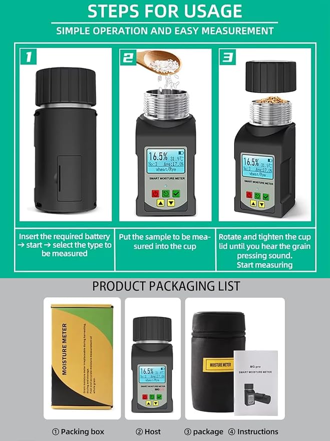 Grain Moisture Tester Portable Cup-Type Meter for 25 Grains Including Wheat, Corn, Coffee, High Precision with Temperature Compensation, Data Storage, for Farmers Food Processors & Traders - GOYOJO