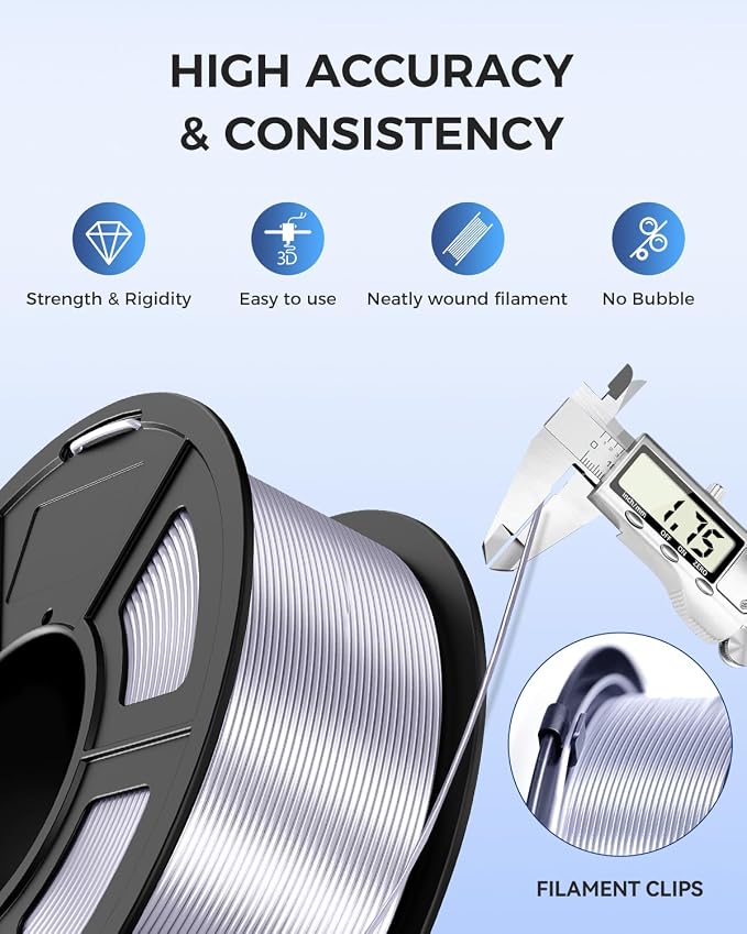 JAYO Silk PLA Filament 1.75mm Silver 1.1kg, Metal-Like Shiny PLA, Smooth Silky Finish, Easy to Print, Accuracy +/- 0.02mm, Fits for Most FDM 3D Printers