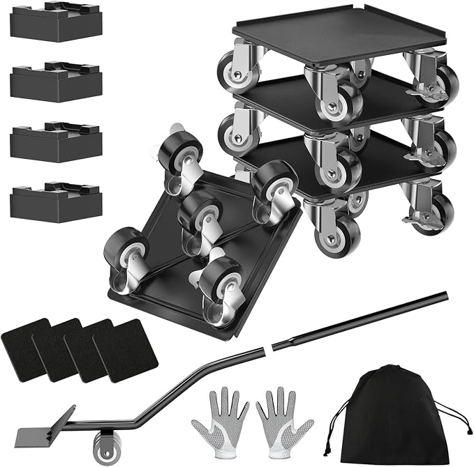 LOYAL TIGER 2000LBS Heavy Duty Furniture Dolly Movers Set with Lifter, 5-Wheel Carbon Steel Moving Rollers with Locking Casters for Refrigerator, Washer, Sofa & Cabinet(6.4 Inch,Black)