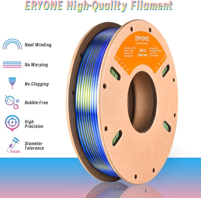 ERYONE PLA Filament 3D Printer Filament Multicolor 1.75mm +/- 0.03mm, PLA Filament 250g Spool, Silk Tri Color Red Yellow Blue