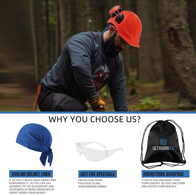 UM ULTRAMAXX 6-in-1 Chainsaw Helmet with Polycarbonate Clear Visor and Ear Muffs, Forestry Safety Hard Hat Kits, ANSI Z89.1 Approved Certified Arborist Helmet, Orange
