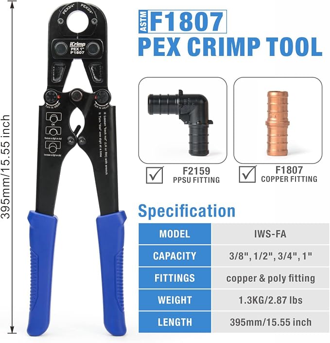 iCrimp F1807 PEX Crimper, Copper Pipe Crimping Tool Kit with 3/8'', 1/2'', 3/4'', 1'' Quick Change Jaws, PEX Tubing Cutter, Go/No-Go Gauge, Copper Ring PEX Removal Tool Included
