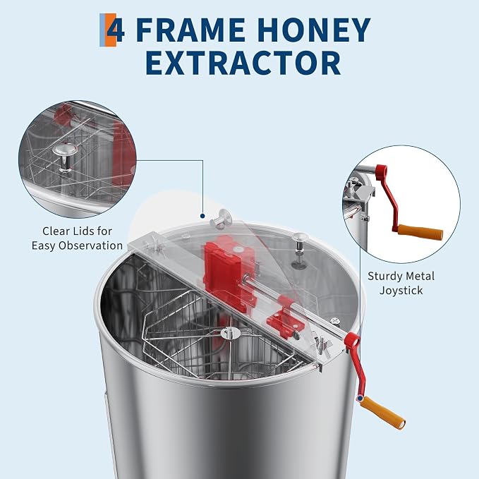 4 Frame Honey Extractor Spinner, Stainless Steel Manual Beekeeping Centrifuge